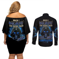 When I Was Born Reaper Fire Blue Couples Matching Off Shoulder Short Dress and Long Sleeve Button Shirt - Wonder Print Shop