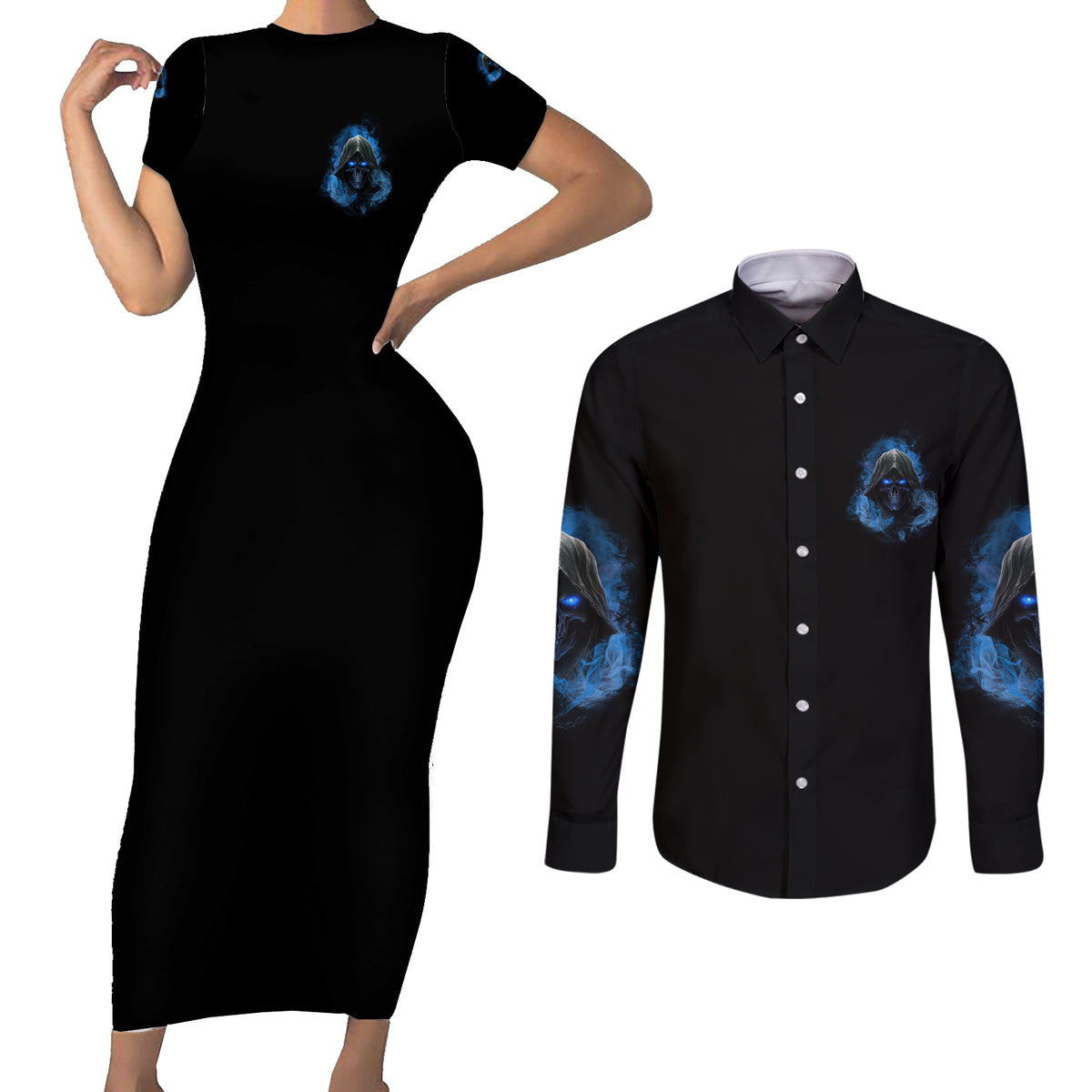 When I Was Born Reaper Fire Blue Couples Matching Short Sleeve Bodycon Dress and Long Sleeve Button Shirt - Wonder Print Shop