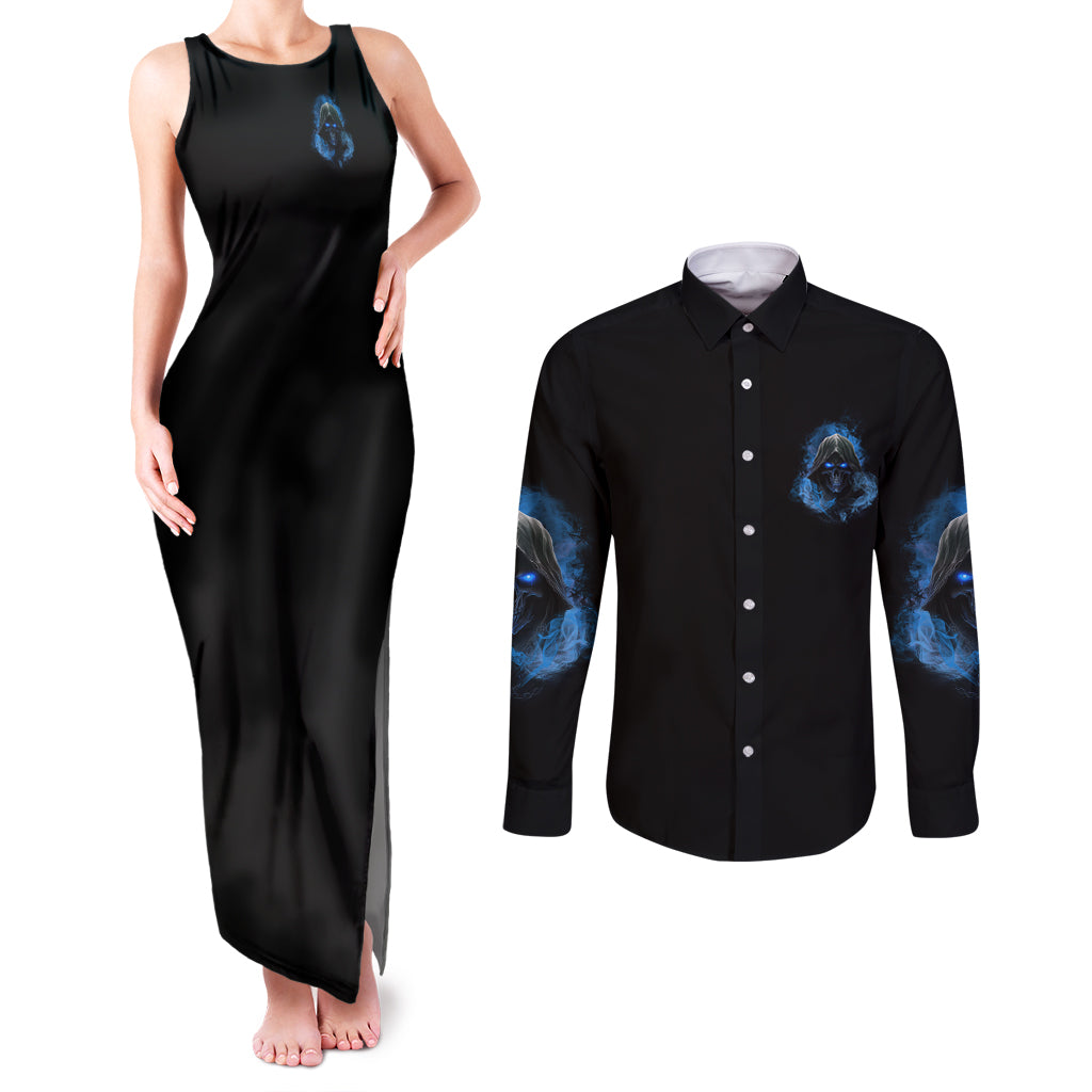 When I Was Born Reaper Fire Blue Couples Matching Tank Maxi Dress and Long Sleeve Button Shirt - Wonder Print Shop