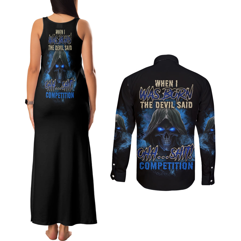 When I Was Born Reaper Fire Blue Couples Matching Tank Maxi Dress and Long Sleeve Button Shirt - Wonder Print Shop