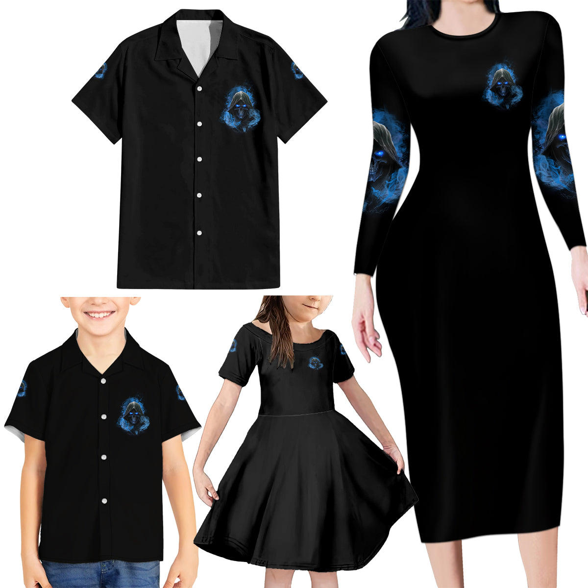 When I Was Born Reaper Fire Blue Family Matching Long Sleeve Bodycon Dress and Hawaiian Shirt - Wonder Print Shop