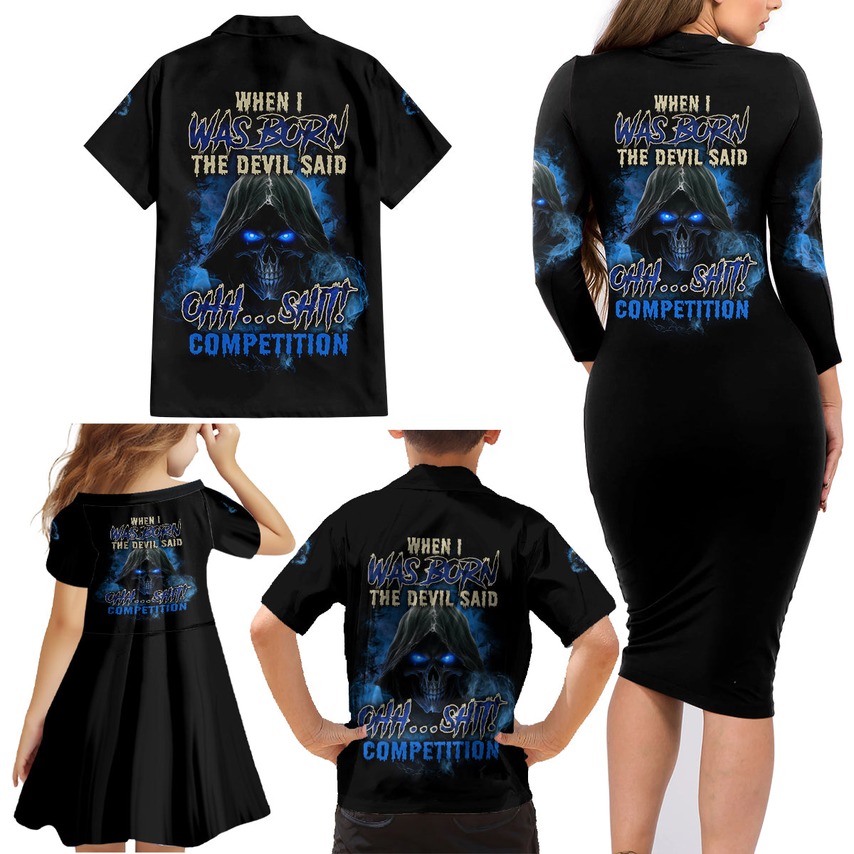 When I Was Born Reaper Fire Blue Family Matching Long Sleeve Bodycon Dress and Hawaiian Shirt - Wonder Print Shop
