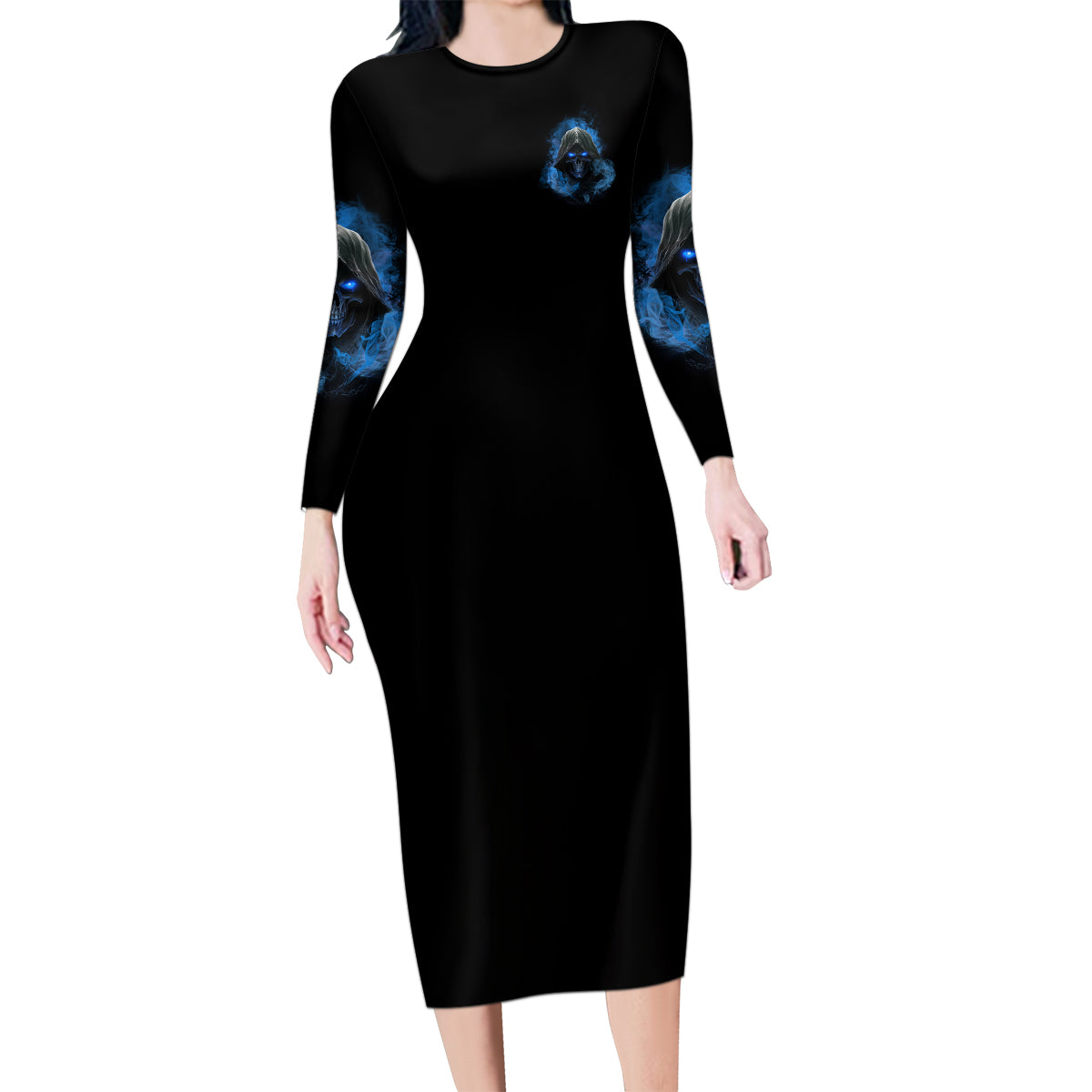When I Was Born Reaper Fire Blue Family Matching Long Sleeve Bodycon Dress and Hawaiian Shirt - Wonder Print Shop