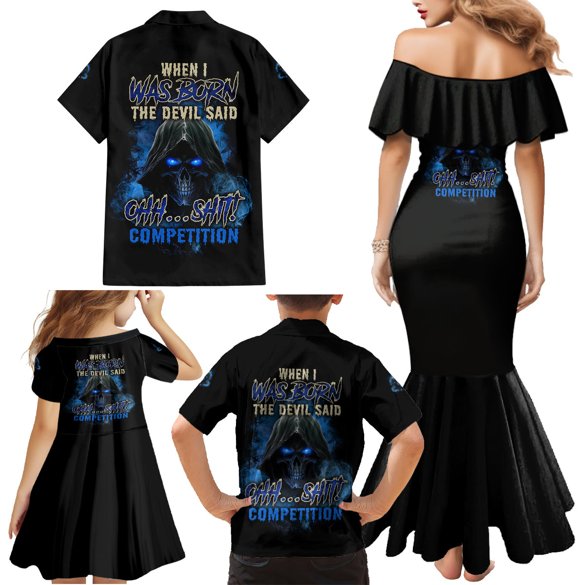 When I Was Born Reaper Fire Blue Family Matching Mermaid Dress and Hawaiian Shirt - Wonder Print Shop