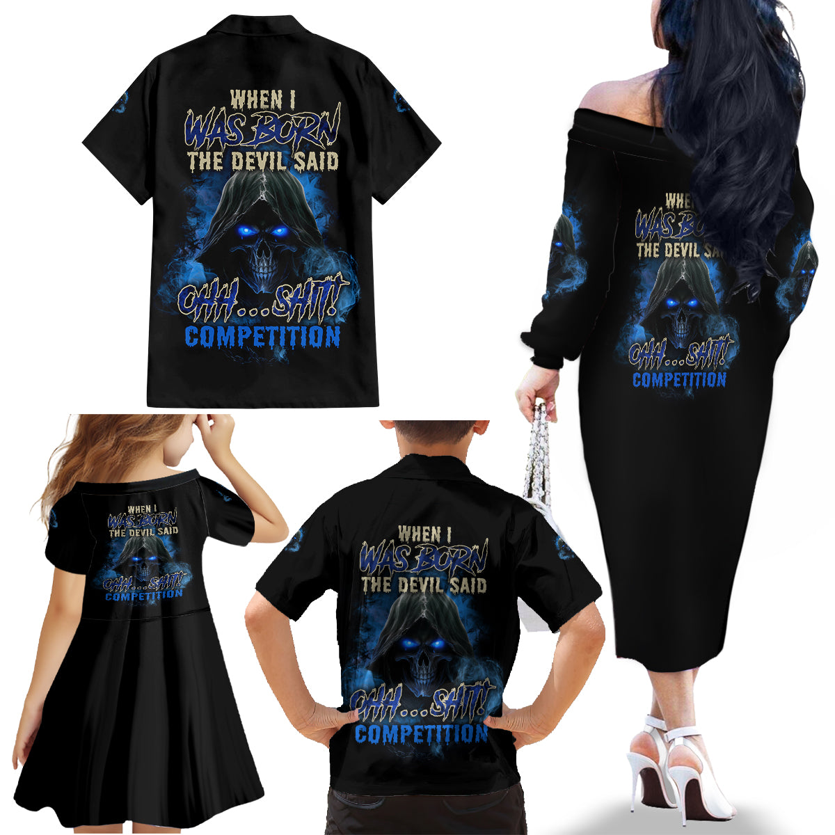 When I Was Born Reaper Fire Blue Family Matching Off Shoulder Long Sleeve Dress and Hawaiian Shirt - Wonder Print Shop