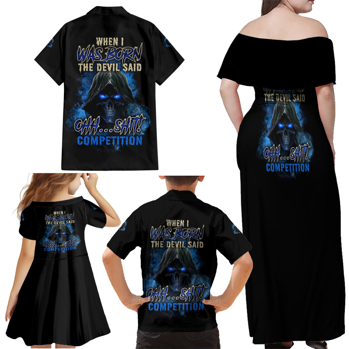 When I Was Born Reaper Fire Blue Family Matching Off Shoulder Maxi Dress and Hawaiian Shirt - Wonder Print Shop