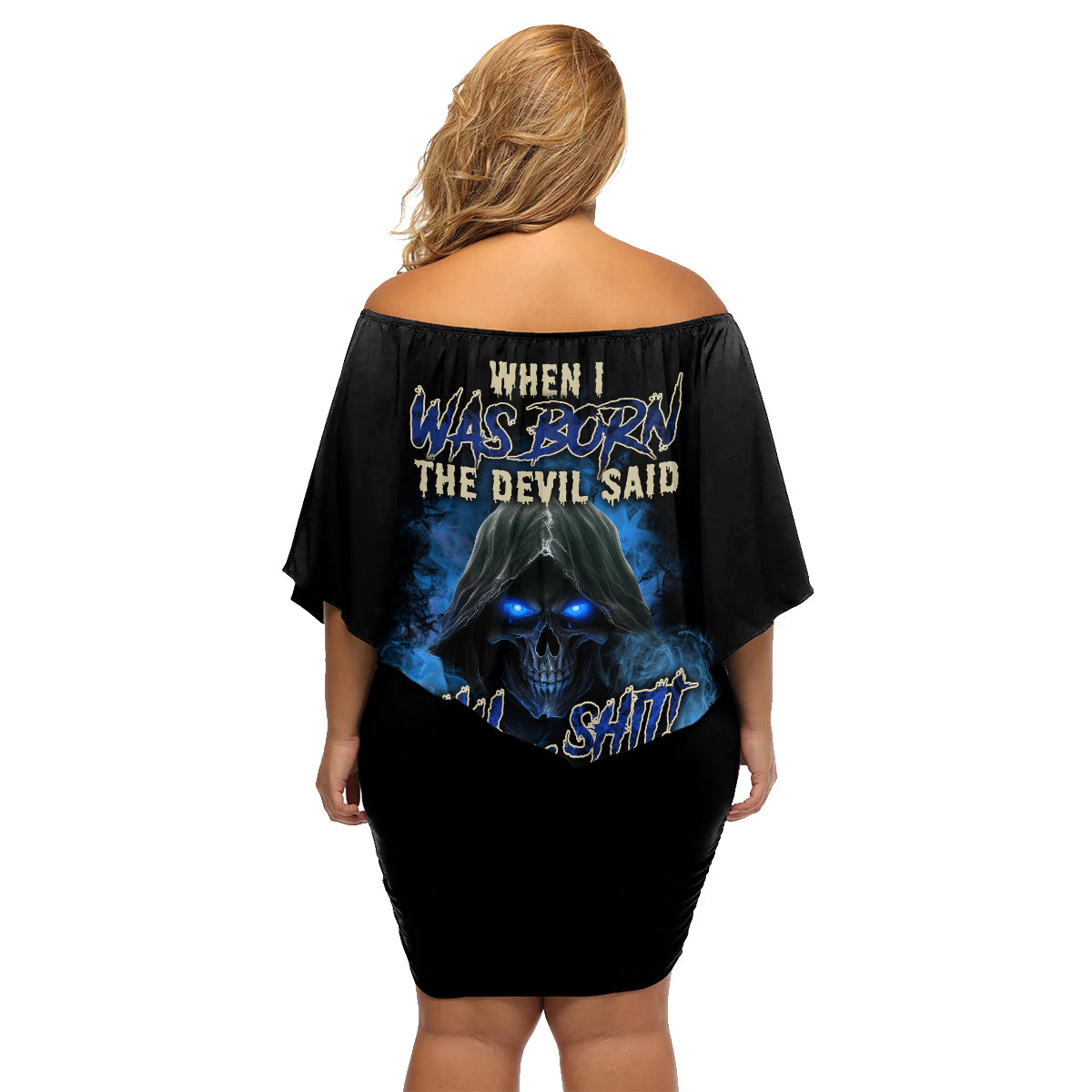 When I Was Born Reaper Fire Blue Family Matching Off Shoulder Short Dress and Hawaiian Shirt - Wonder Print Shop