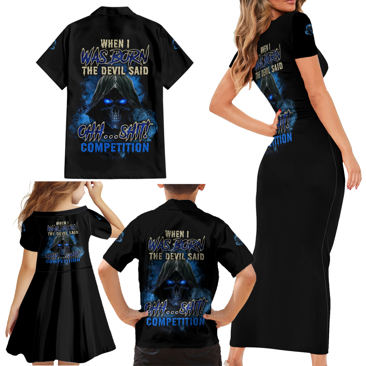 When I Was Born Reaper Fire Blue Family Matching Short Sleeve Bodycon Dress and Hawaiian Shirt - Wonder Print Shop