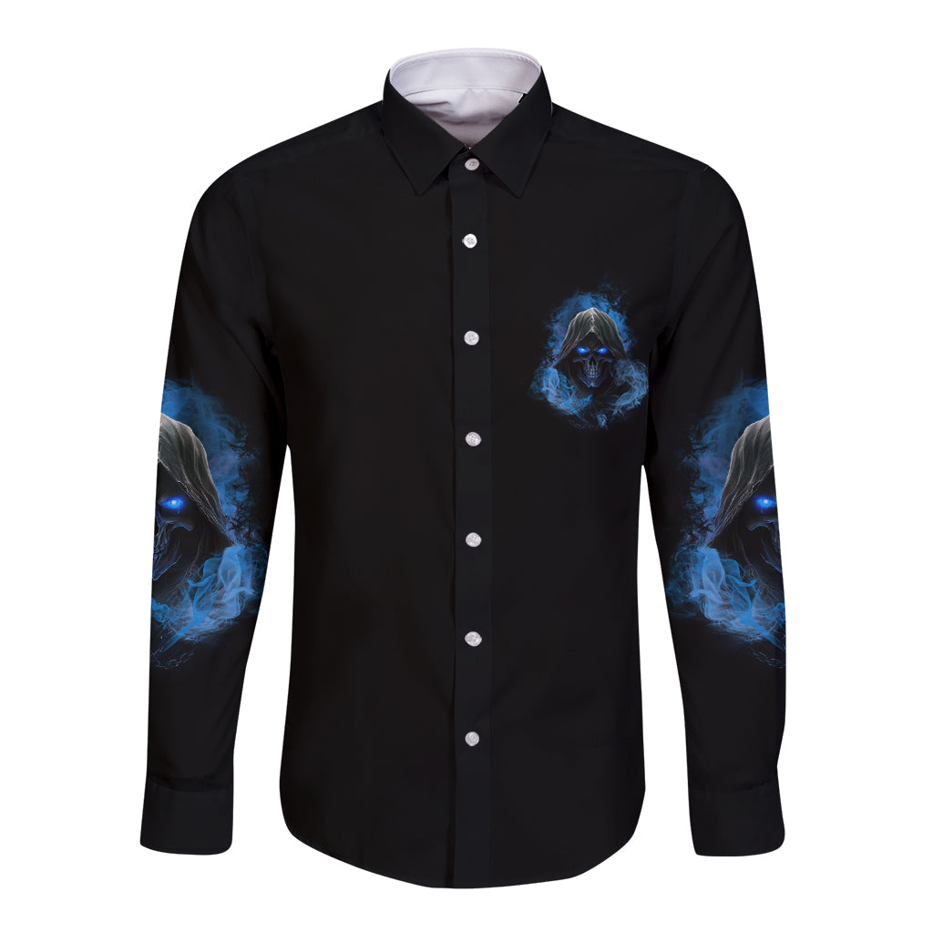 When I Was Born Reaper Fire Blue Long Sleeve Button Shirt - Wonder Print Shop