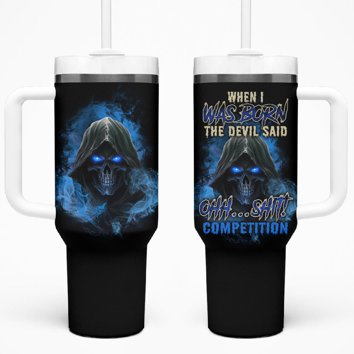 When I Was Born Reaper Fire Blue Tumbler With Handle - Wonder Print Shop