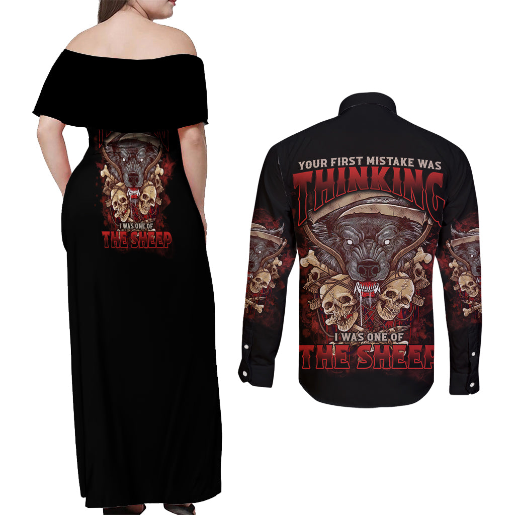 Your First Mistake Was Thingking Couples Matching Off Shoulder Maxi Dress and Long Sleeve Button Shirt - Wonder Print Shop