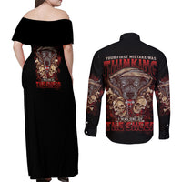 Your First Mistake Was Thingking Couples Matching Off Shoulder Maxi Dress and Long Sleeve Button Shirt - Wonder Print Shop