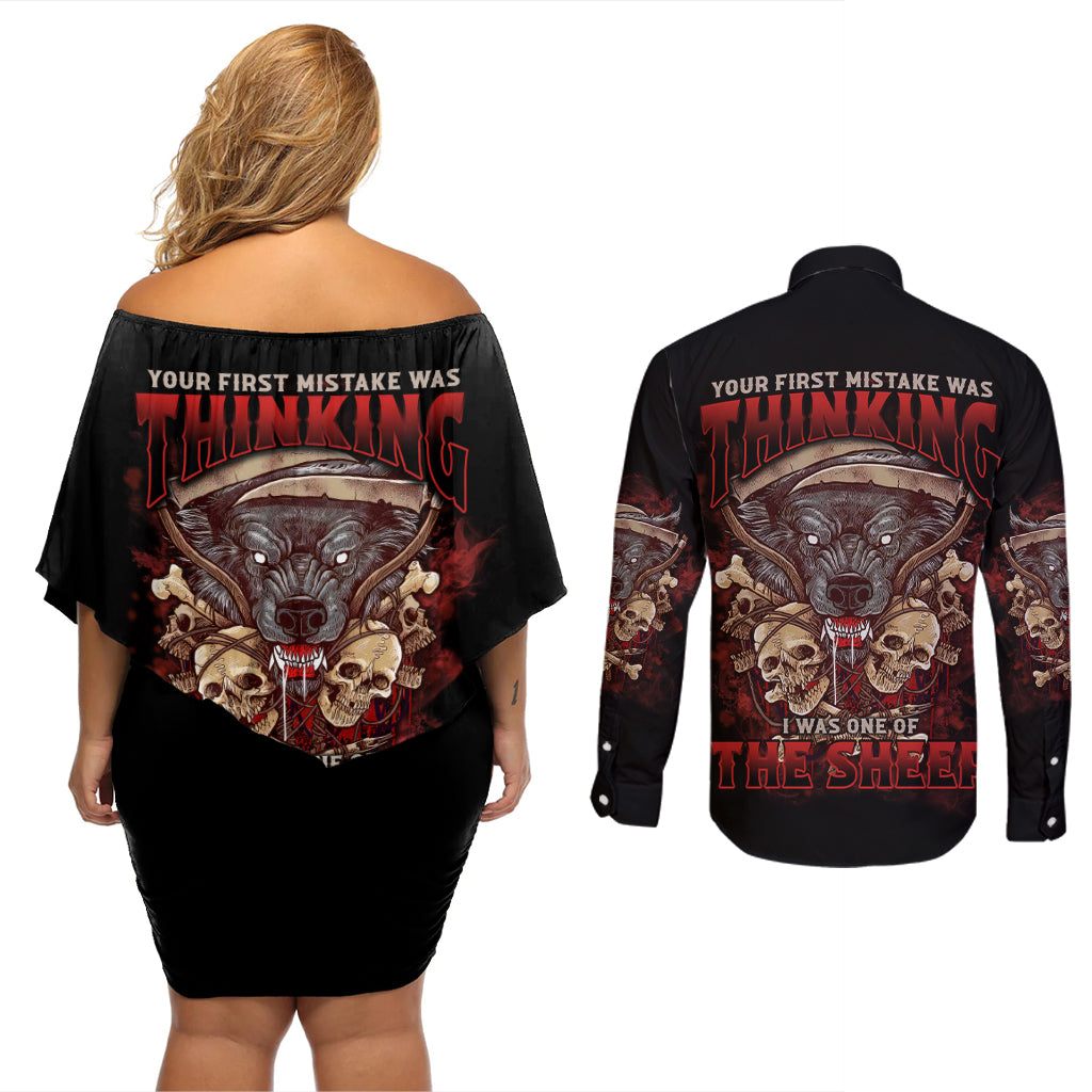Your First Mistake Was Thingking Couples Matching Off Shoulder Short Dress and Long Sleeve Button Shirt - Wonder Print Shop