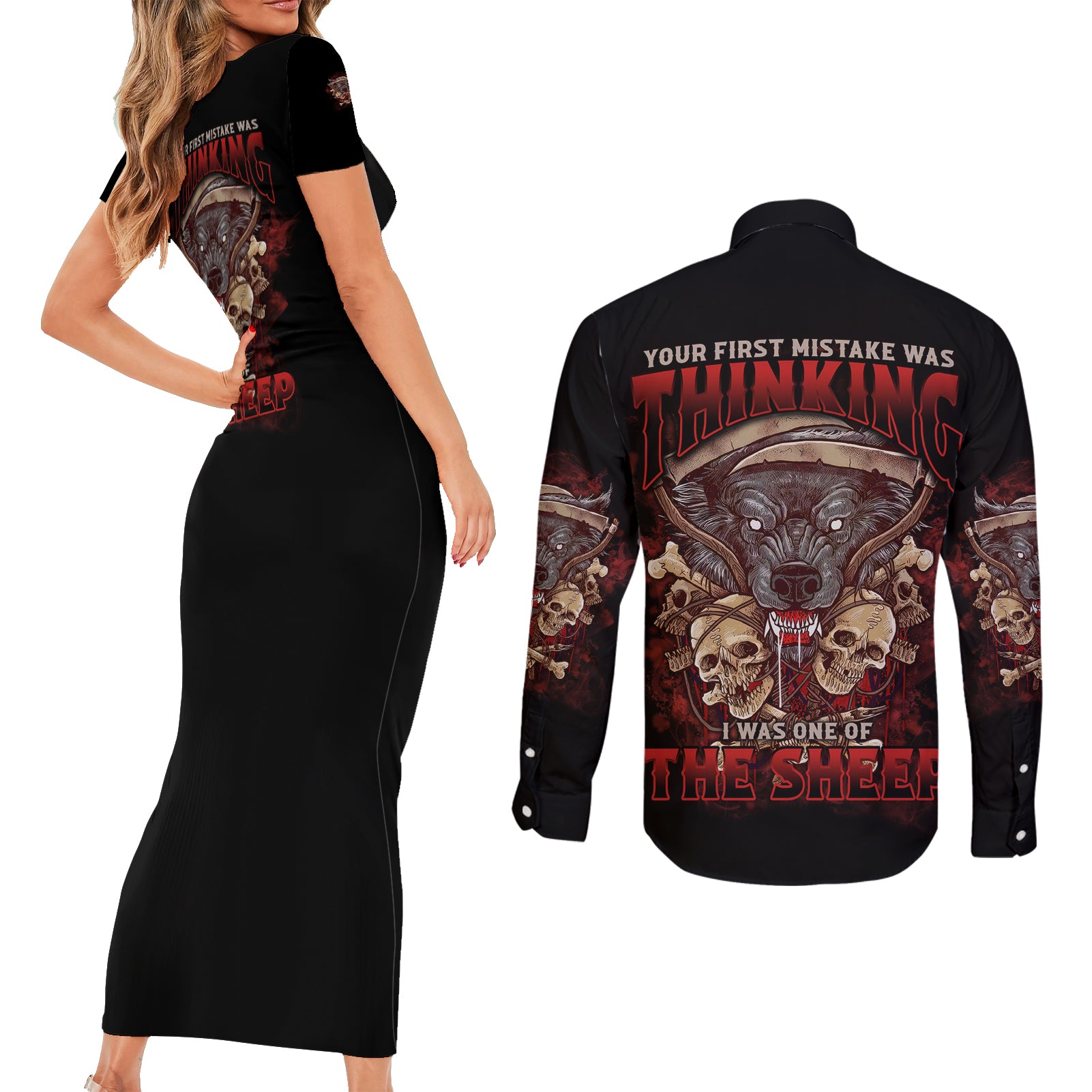 Your First Mistake Was Thingking Couples Matching Short Sleeve Bodycon Dress and Long Sleeve Button Shirt - Wonder Print Shop