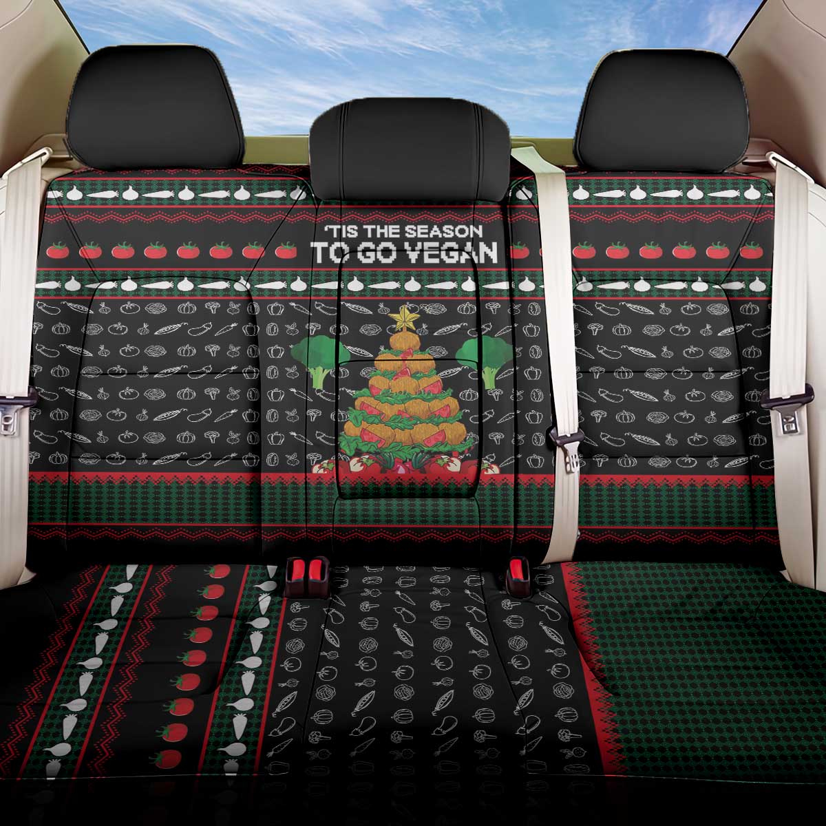Vegan Christmas Back Car Seat Cover with Tis the Season to Go Vegan Quote and Vegetable Tree - Wonder Print Shop