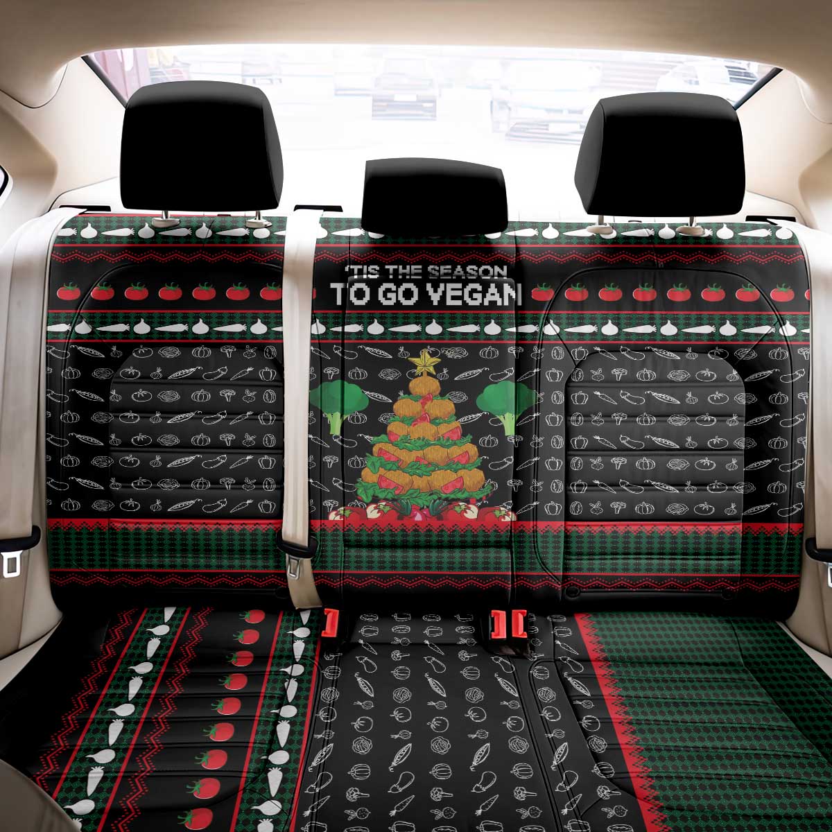 Vegan Christmas Back Car Seat Cover with Tis the Season to Go Vegan Quote and Vegetable Tree - Wonder Print Shop