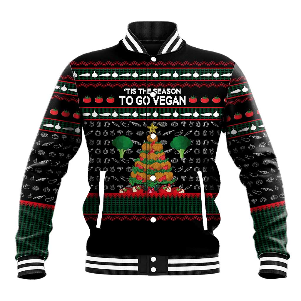 Vegan Christmas Baseball Jacket with Tis the Season to Go Vegan Quote and Vegetable Tree - Wonder Print Shop