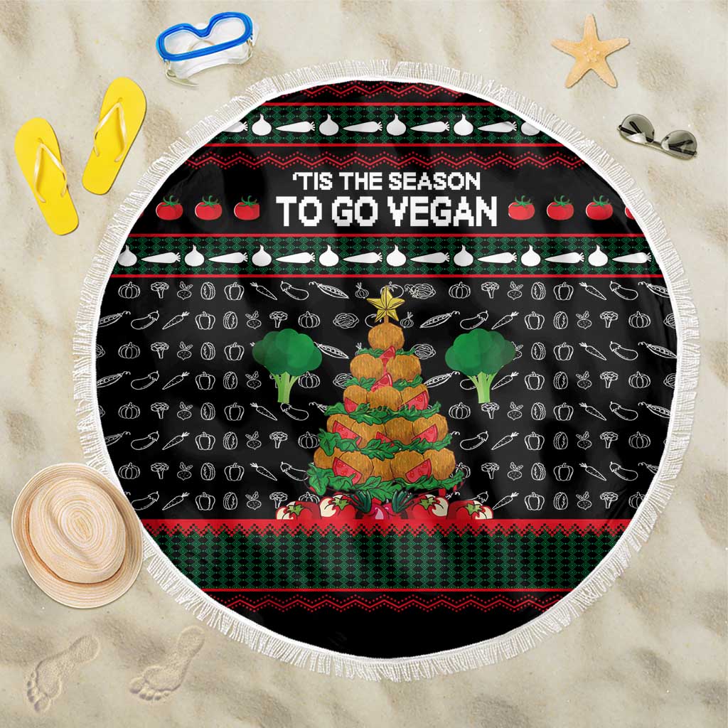 Vegan Christmas Beach Blanket with Tis the Season to Go Vegan Quote and Vegetable Tree - Wonder Print Shop