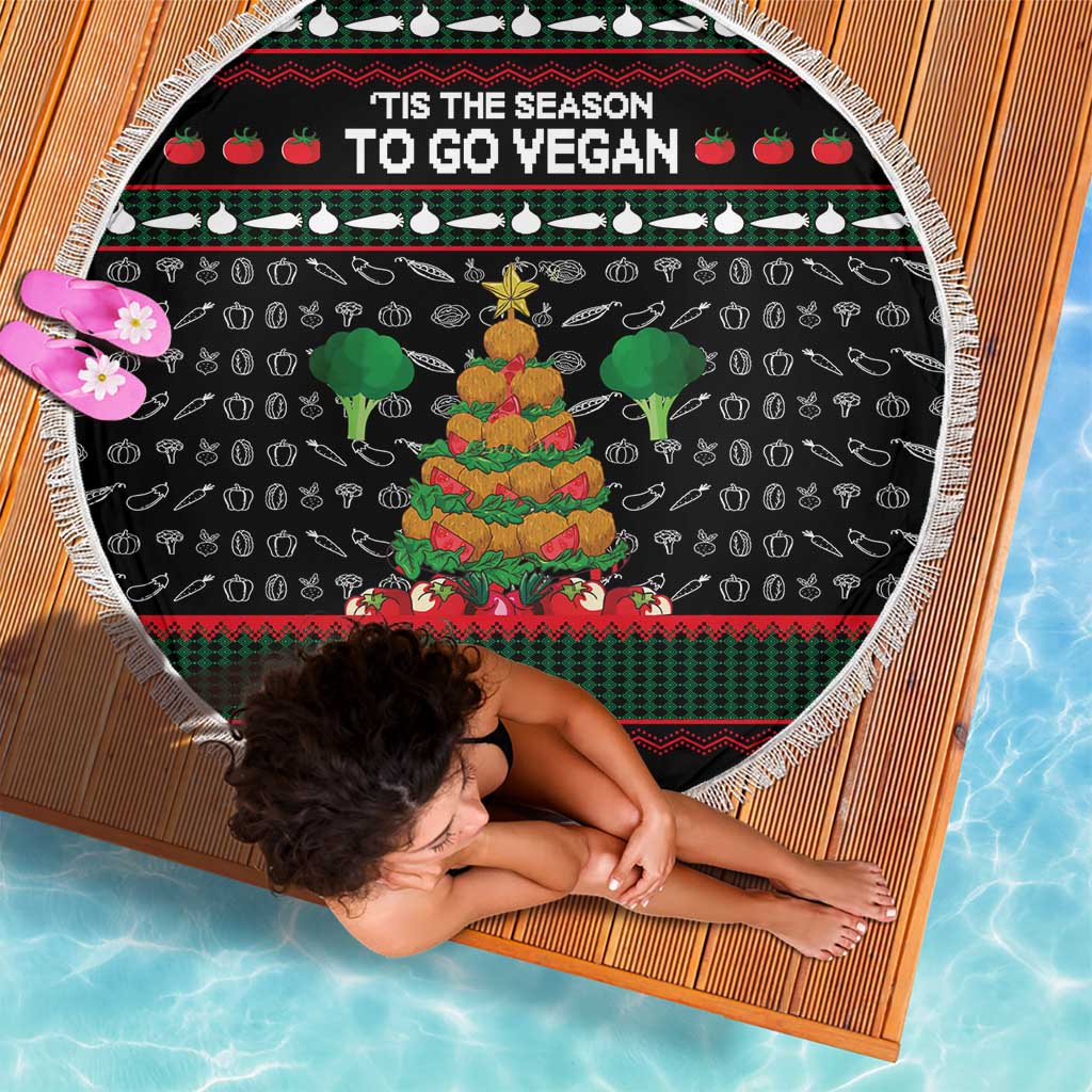 Vegan Christmas Beach Blanket with Tis the Season to Go Vegan Quote and Vegetable Tree - Wonder Print Shop