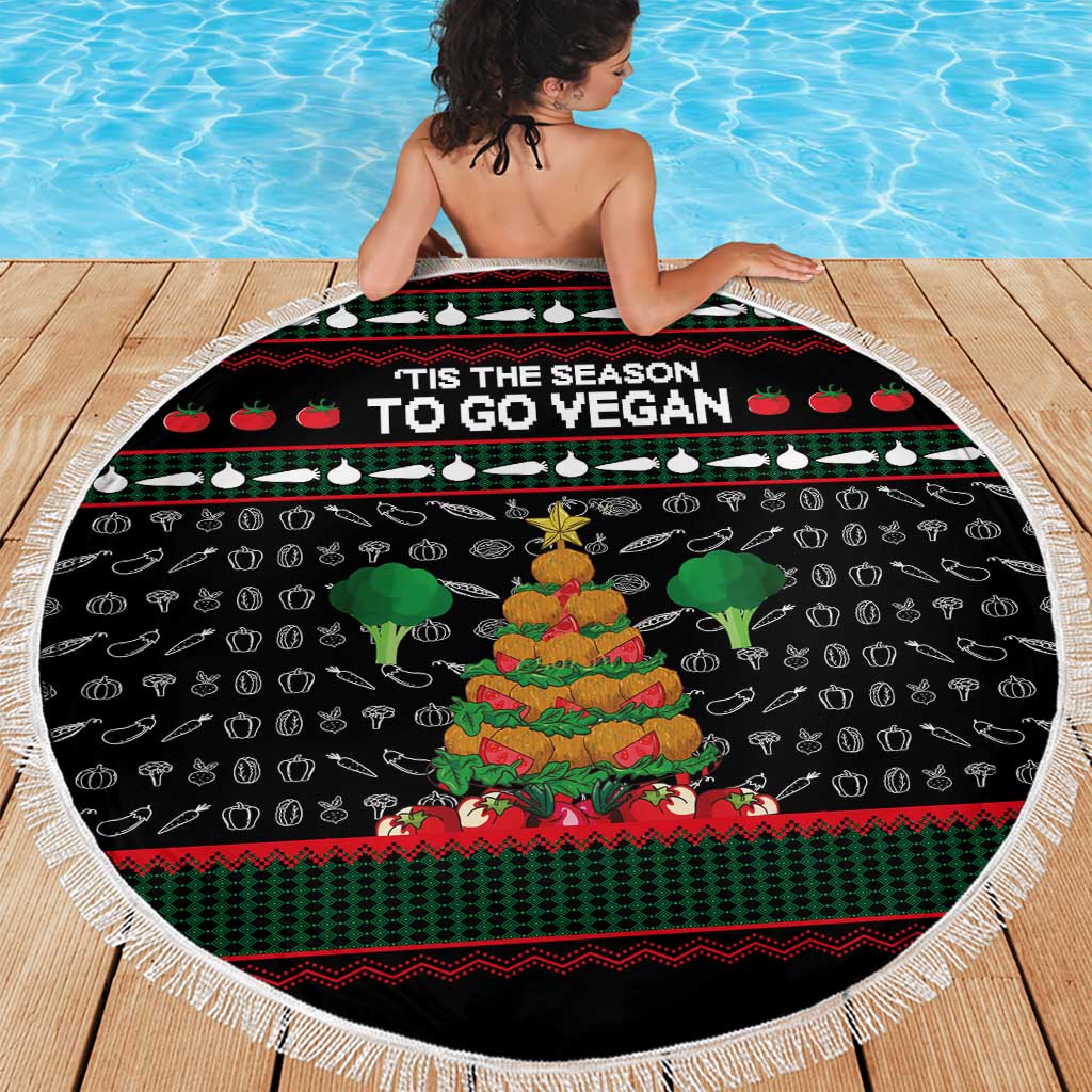 Vegan Christmas Beach Blanket with Tis the Season to Go Vegan Quote and Vegetable Tree - Wonder Print Shop