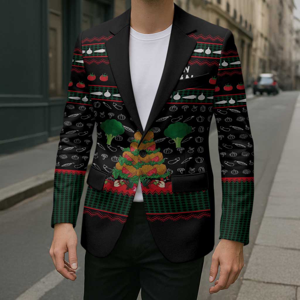 Vegan Christmas Blazer with Tis the Season to Go Vegan Quote and Vegetable Tree - Wonder Print Shop