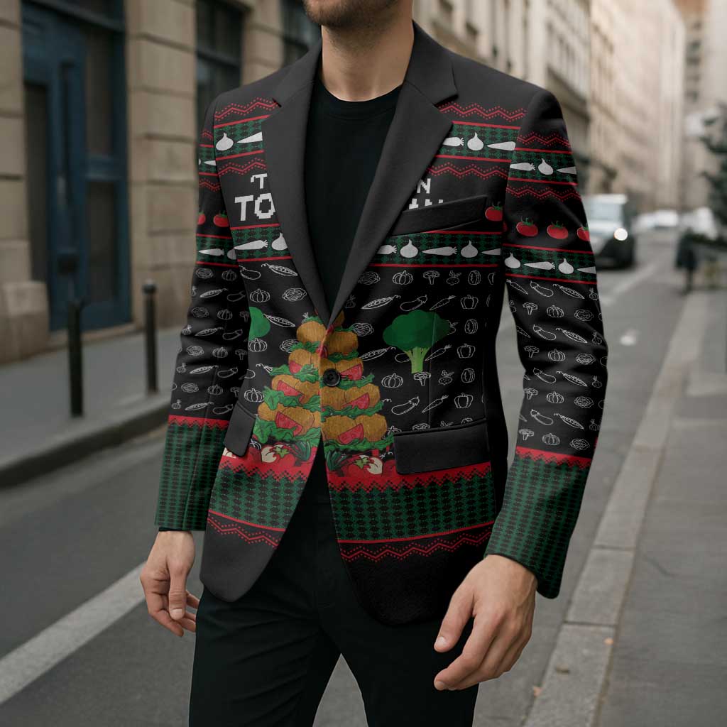 Vegan Christmas Blazer with Tis the Season to Go Vegan Quote and Vegetable Tree - Wonder Print Shop