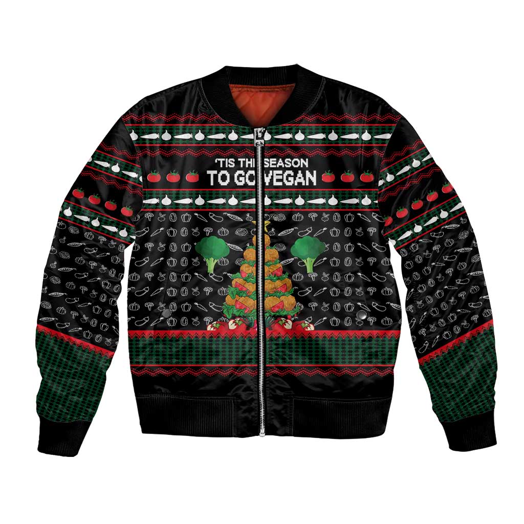 Vegan Christmas Bomber Jacket with Tis the Season to Go Vegan Quote and Vegetable Tree - Wonder Print Shop