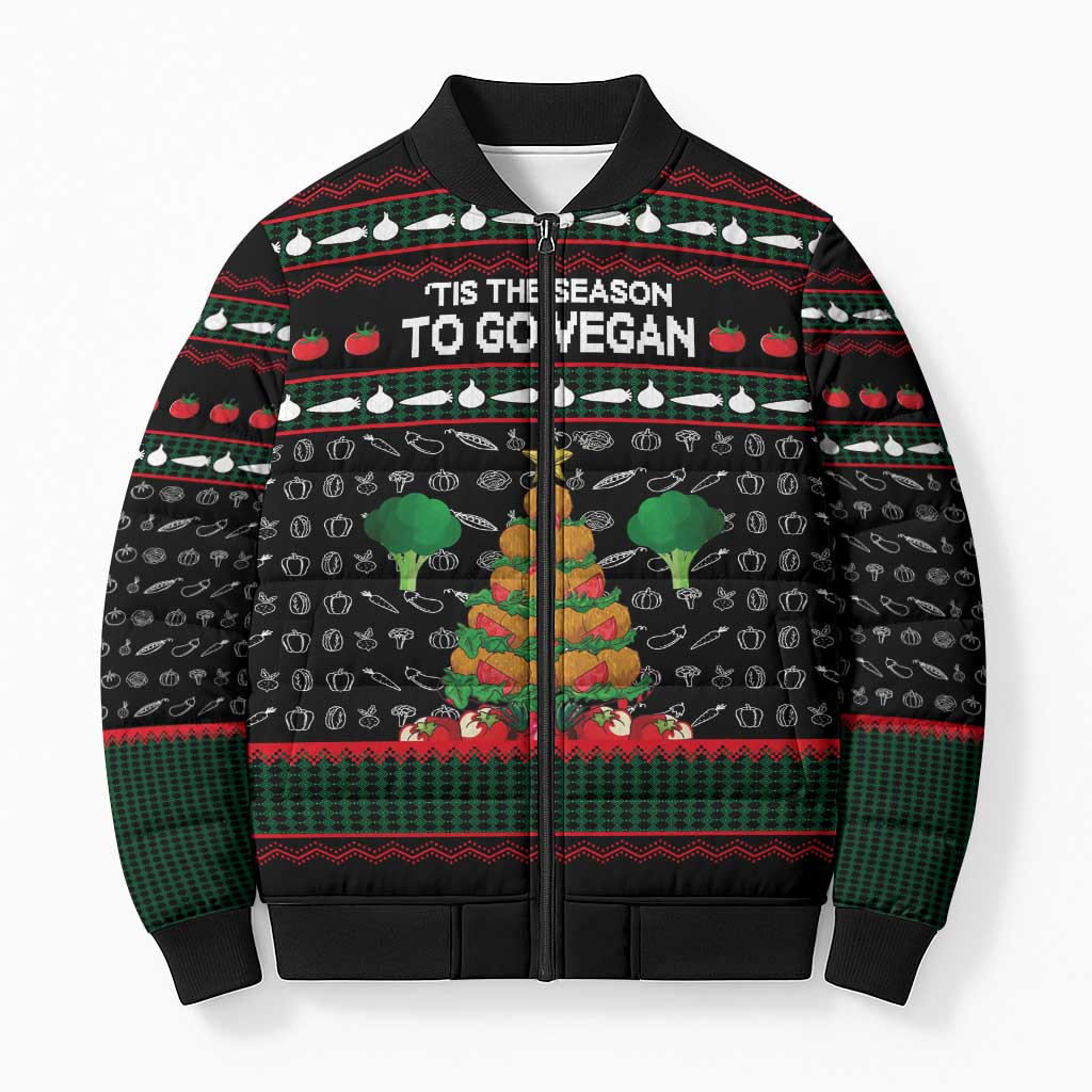 Vegan Christmas Bomber Puffer Jacket with Tis the Season to Go Vegan Quote and Vegetable Tree - Wonder Print Shop