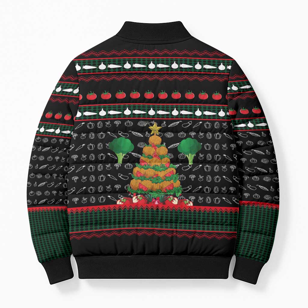 Vegan Christmas Bomber Puffer Jacket with Tis the Season to Go Vegan Quote and Vegetable Tree - Wonder Print Shop