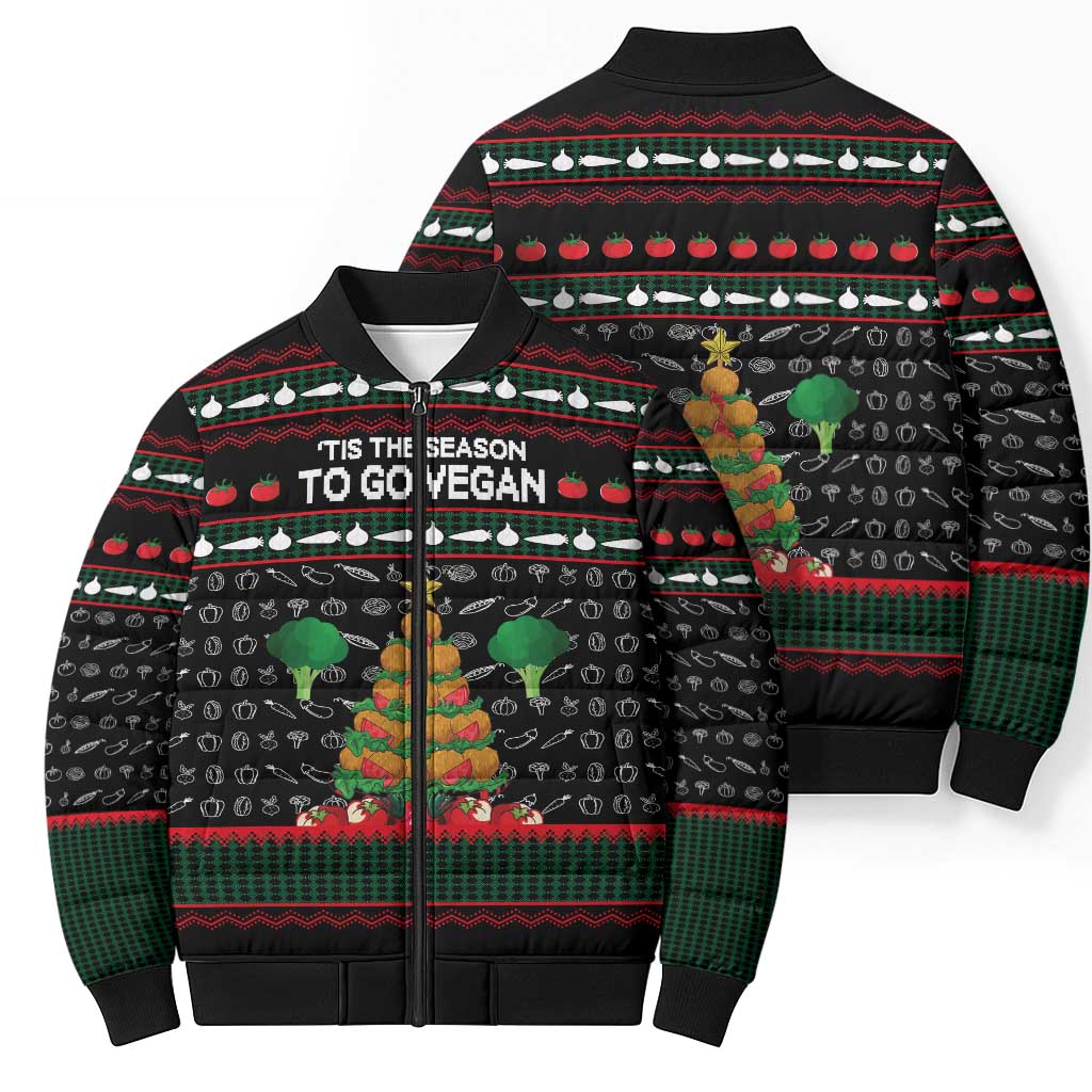 Vegan Christmas Bomber Puffer Jacket with Tis the Season to Go Vegan Quote and Vegetable Tree - Wonder Print Shop