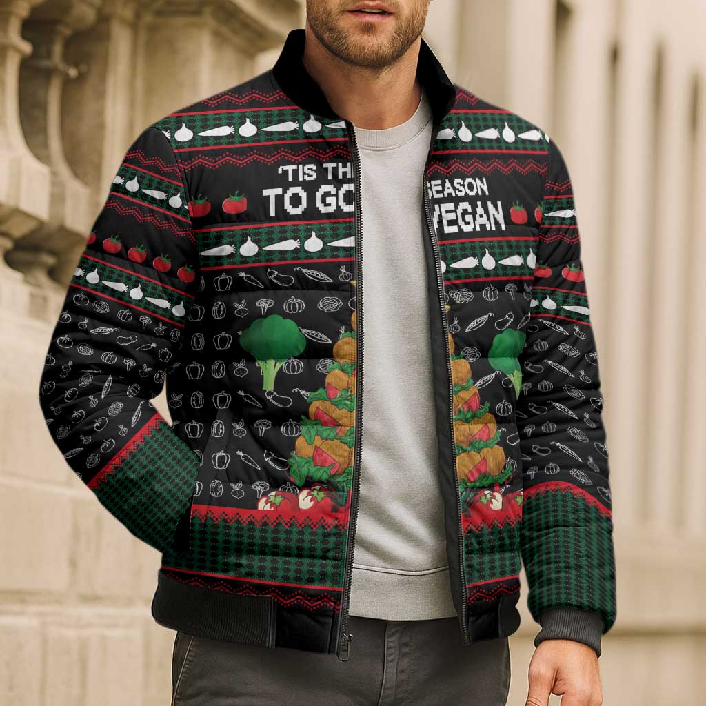 Vegan Christmas Bomber Puffer Jacket with Tis the Season to Go Vegan Quote and Vegetable Tree - Wonder Print Shop