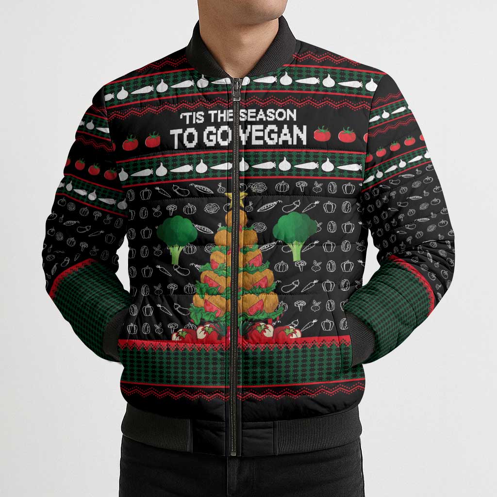 Vegan Christmas Bomber Puffer Jacket with Tis the Season to Go Vegan Quote and Vegetable Tree - Wonder Print Shop