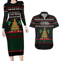 Vegan Christmas Couples Matching Long Sleeve Bodycon Dress and Hawaiian Shirt with Tis the Season to Go Vegan Quote and Vegetable Tree - Wonder Print Shop