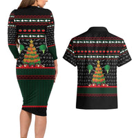 Vegan Christmas Couples Matching Long Sleeve Bodycon Dress and Hawaiian Shirt with Tis the Season to Go Vegan Quote and Vegetable Tree - Wonder Print Shop