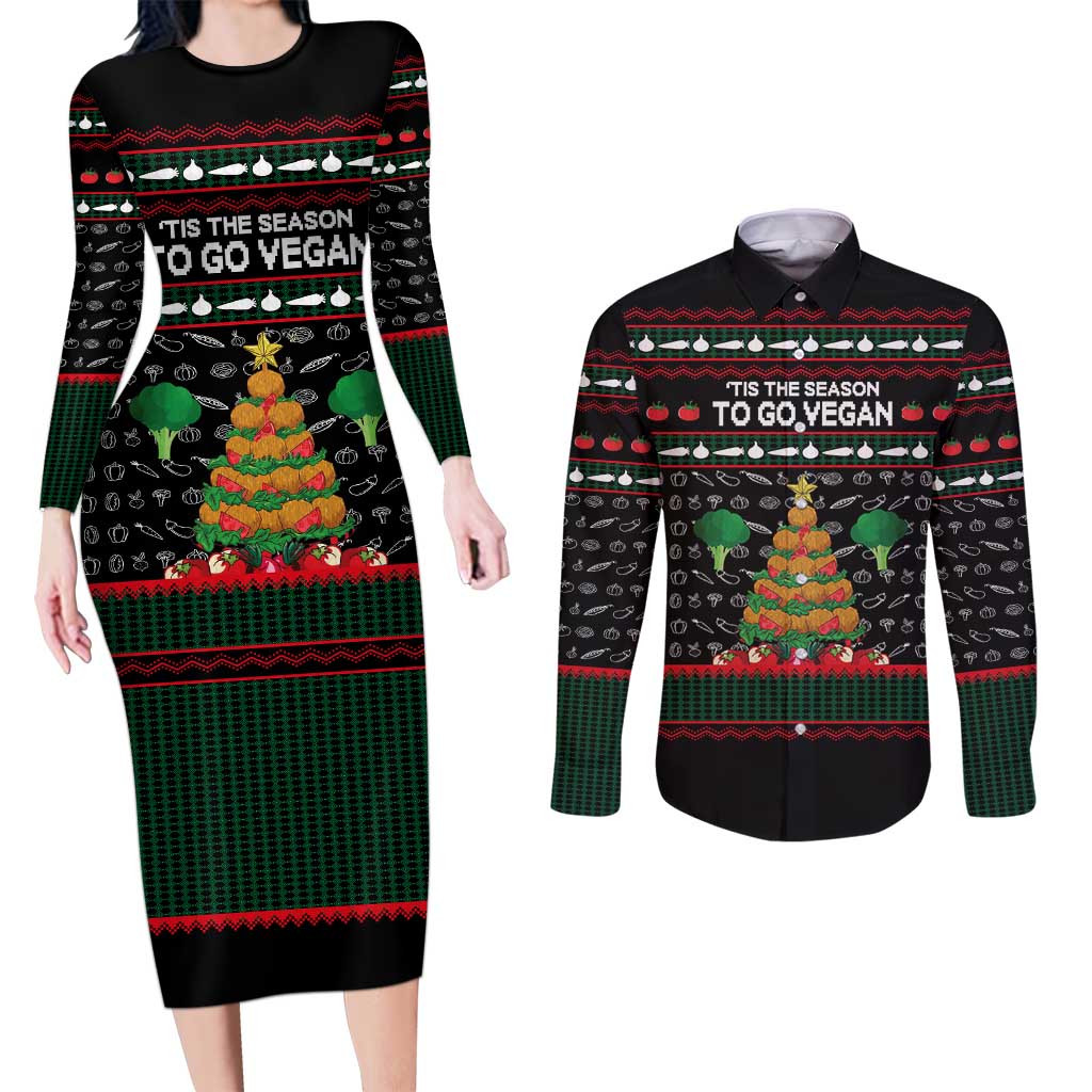 Vegan Christmas Couples Matching Long Sleeve Bodycon Dress and Long Sleeve Button Shirt with Tis the Season to Go Vegan Quote and Vegetable Tree - Wonder Print Shop