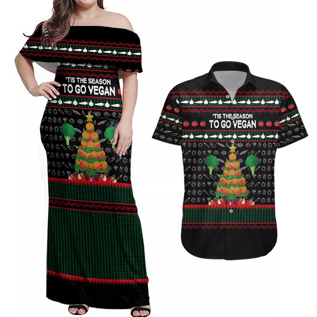 Vegan Christmas Couples Matching Off Shoulder Maxi Dress and Hawaiian Shirt with Tis the Season to Go Vegan Quote and Vegetable Tree - Wonder Print Shop