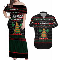 Vegan Christmas Couples Matching Off Shoulder Maxi Dress and Hawaiian Shirt with Tis the Season to Go Vegan Quote and Vegetable Tree - Wonder Print Shop