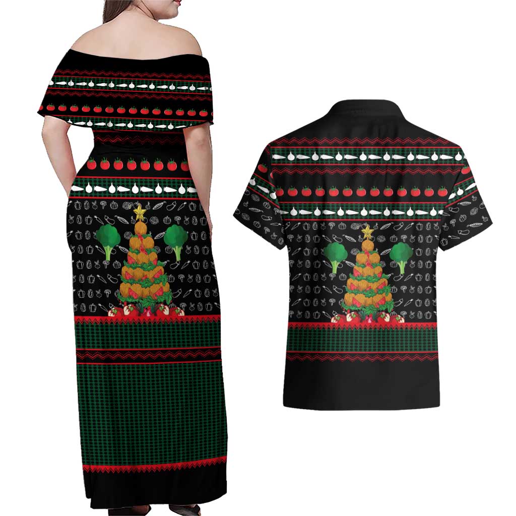 Vegan Christmas Couples Matching Off Shoulder Maxi Dress and Hawaiian Shirt with Tis the Season to Go Vegan Quote and Vegetable Tree - Wonder Print Shop