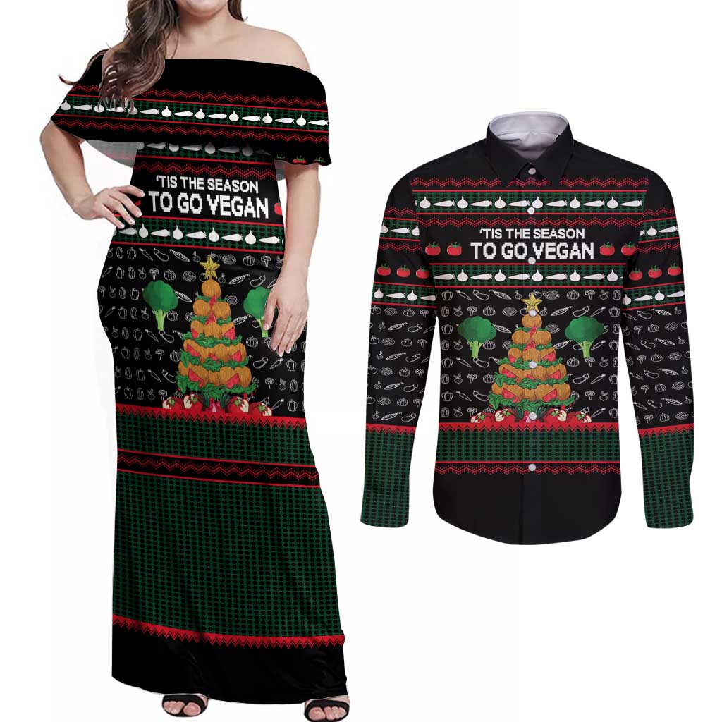 Vegan Christmas Couples Matching Off Shoulder Maxi Dress and Long Sleeve Button Shirt with Tis the Season to Go Vegan Quote and Vegetable Tree - Wonder Print Shop