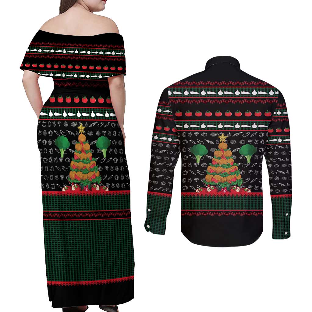 Vegan Christmas Couples Matching Off Shoulder Maxi Dress and Long Sleeve Button Shirt with Tis the Season to Go Vegan Quote and Vegetable Tree - Wonder Print Shop