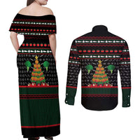 Vegan Christmas Couples Matching Off Shoulder Maxi Dress and Long Sleeve Button Shirt with Tis the Season to Go Vegan Quote and Vegetable Tree - Wonder Print Shop
