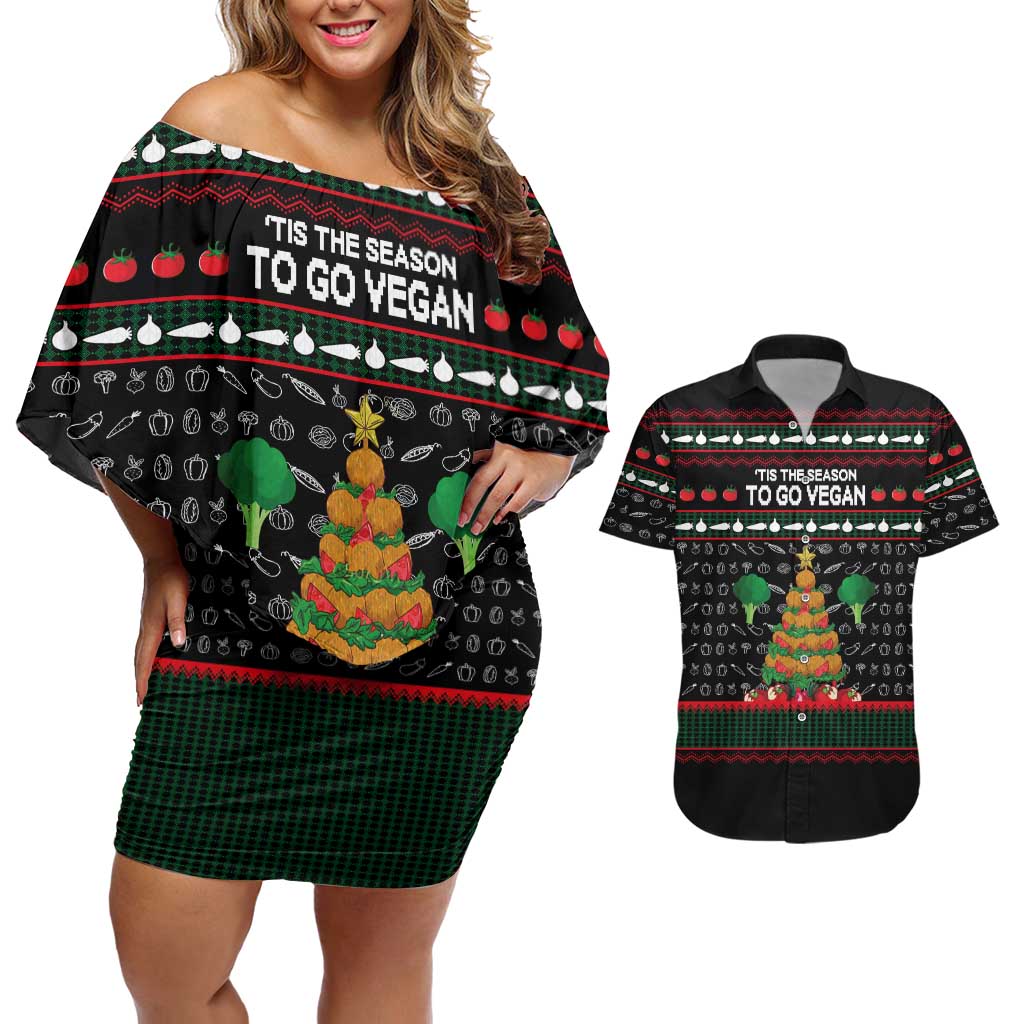 Vegan Christmas Couples Matching Off Shoulder Short Dress and Hawaiian Shirt with Tis the Season to Go Vegan Quote and Vegetable Tree - Wonder Print Shop