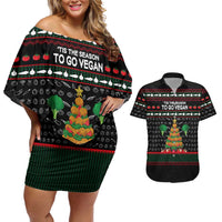 Vegan Christmas Couples Matching Off Shoulder Short Dress and Hawaiian Shirt with Tis the Season to Go Vegan Quote and Vegetable Tree - Wonder Print Shop