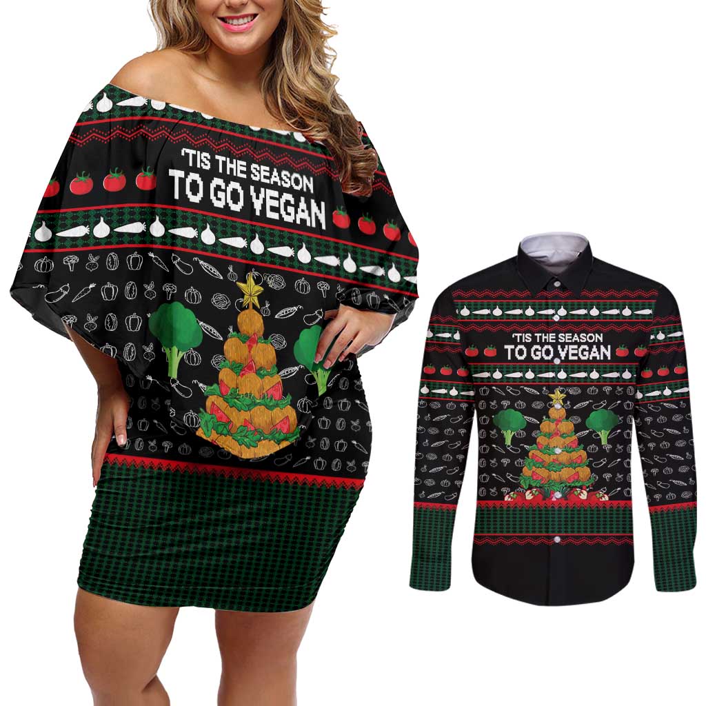 Vegan Christmas Couples Matching Off Shoulder Short Dress and Long Sleeve Button Shirt with Tis the Season to Go Vegan Quote and Vegetable Tree - Wonder Print Shop