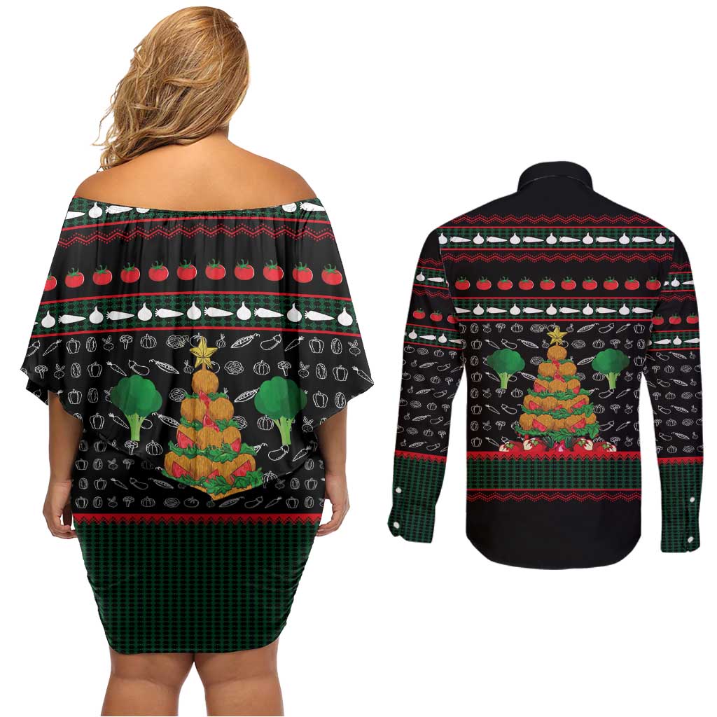 Vegan Christmas Couples Matching Off Shoulder Short Dress and Long Sleeve Button Shirt with Tis the Season to Go Vegan Quote and Vegetable Tree - Wonder Print Shop