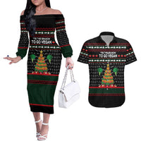 Vegan Christmas Couples Matching Off The Shoulder Long Sleeve Dress and Hawaiian Shirt with Tis the Season to Go Vegan Quote and Vegetable Tree - Wonder Print Shop
