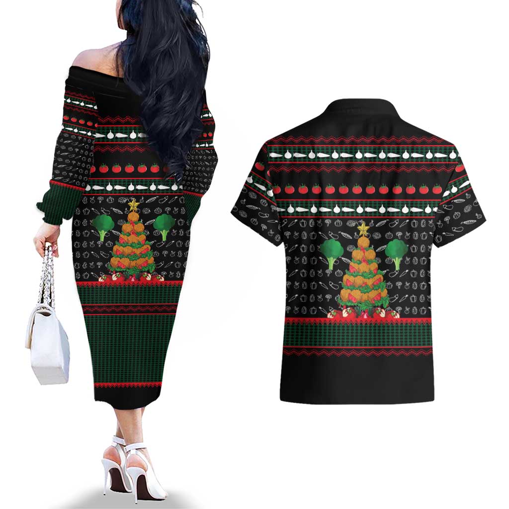 Vegan Christmas Couples Matching Off The Shoulder Long Sleeve Dress and Hawaiian Shirt with Tis the Season to Go Vegan Quote and Vegetable Tree - Wonder Print Shop