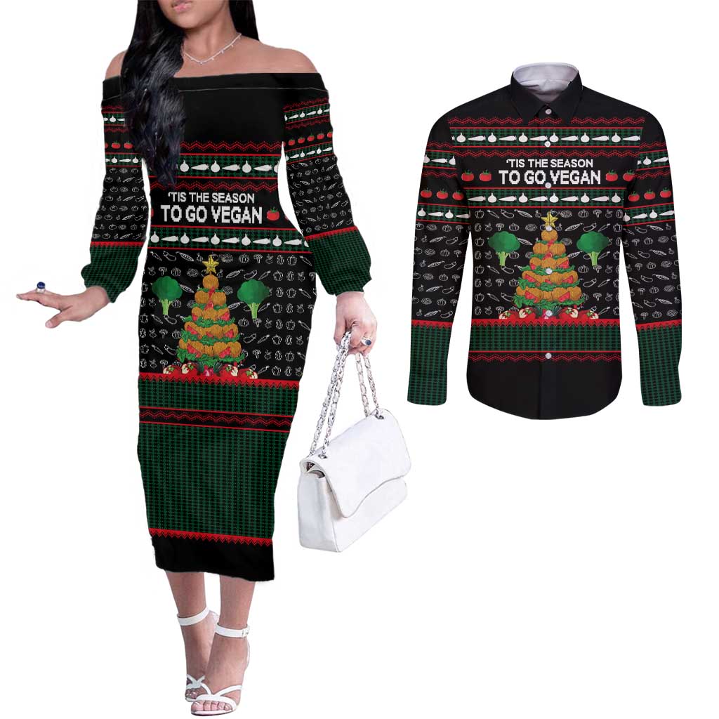 Vegan Christmas Couples Matching Off The Shoulder Long Sleeve Dress and Long Sleeve Button Shirt with Tis the Season to Go Vegan Quote and Vegetable Tree - Wonder Print Shop