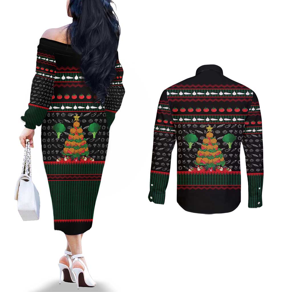 Vegan Christmas Couples Matching Off The Shoulder Long Sleeve Dress and Long Sleeve Button Shirt with Tis the Season to Go Vegan Quote and Vegetable Tree - Wonder Print Shop
