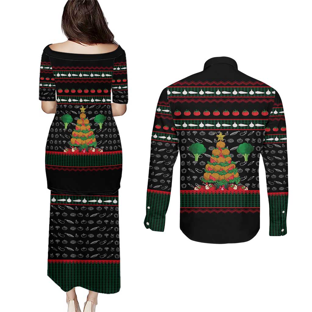 Vegan Christmas Couples Matching Puletasi and Long Sleeve Button Shirt with Tis the Season to Go Vegan Quote and Vegetable Tree - Wonder Print Shop